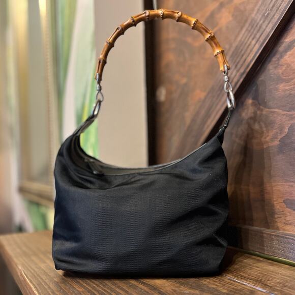 Gucci Handbags - GUCCI Bamboo Black Nylon Shoulder Bag